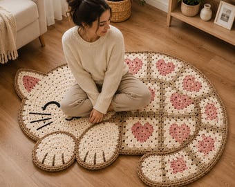 Patrón de alfombra de ganchillo para gatos en PDF: Alfombra cuadrada con forma de corazón para la abuela (descarga digital)