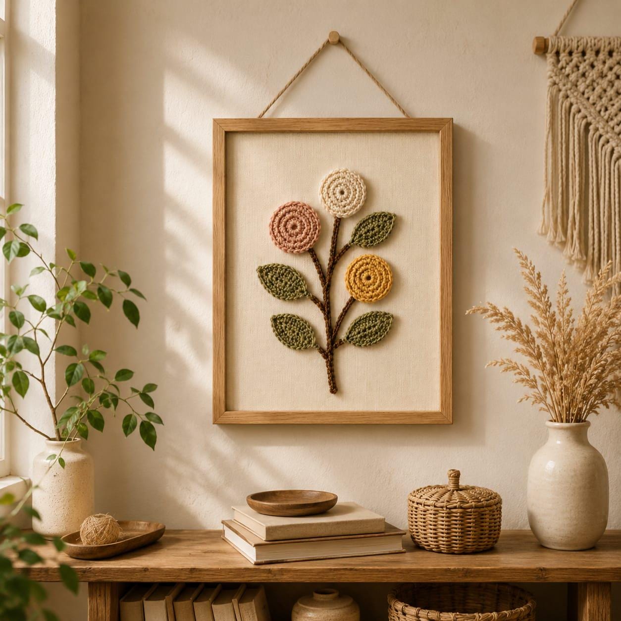 30 Framed Crochet Wall Art Patterns for Stylish, Handmade Decor 11 Textured Flower Frame in Boho Farmhouse Style