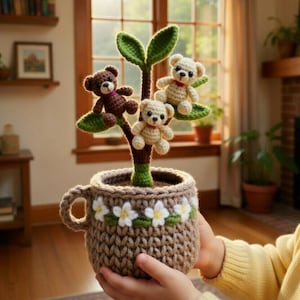May include: Crocheted brown teacup planter with a tree featuring three teddy bears. The teacup has a handle and is decorated with white flower accents. The bears are brown and cream colored.