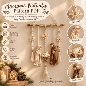 Pode incluir: Um padrão PDF de natividade em macramé para uma tapeçaria de parede. O design inclui um ramo de madeira flutuante com figuras de macramé de Maria, José e o menino Jesus, decoradas com contas de madeira, borlas e formas de estrelas.