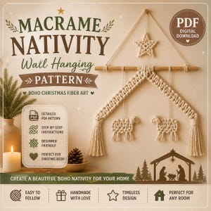 Könnte beinhalten: Eine digitale PDF-Anleitung für einen Makramee-Wandbehang mit Krippenmotiv, bestehend aus einem Holzstab, einem zentralen Stern und zwei Schaf-Figuren aus cremefarbener Kordel. Das Design enthält Text mit Anweisungen für dieses Handarbeitsprojekt.