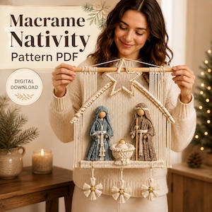May include: A macrame nativity wall hanging featuring a wooden dowel, a central star, and three figures in blue, beige, and cream tones. The text reads Macrame Nativity Pattern PDF and Digital Download. The design includes hanging tassels at the base.