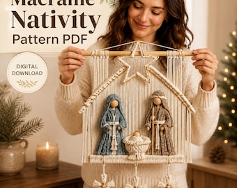 Patrón de tapiz de pared de la Natividad en macramé, decoración navideña bohemia de la Sagrada Familia (descarga digital)