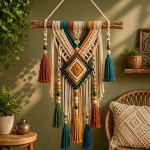May include: A macrame wall hanging suspended from a wooden branch, featuring cream-colored cord woven into a diamond pattern with accents of teal, orange, and green. The piece includes wooden beads and multiple hanging tassels in matching colors.