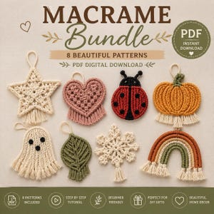 May include: A Macrame Bundle PDF digital download featuring 8 patterns including a cream star, pink heart, red and black ladybug, orange pumpkin, cream ghost, green leaf, cream snowflake, and a multi-colored rainbow, all with hanging loops.