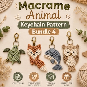 マクラメ動物キーホルダーパターンセット｜カメ、キツネ、イルカ、フクロウのPDFチュートリアル