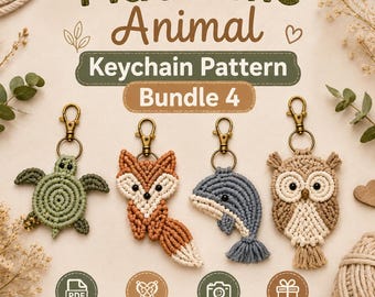 Paquete de patrones de llaveros de animales de macramé / Tutorial en PDF de tortuga, zorro, delfín y búho