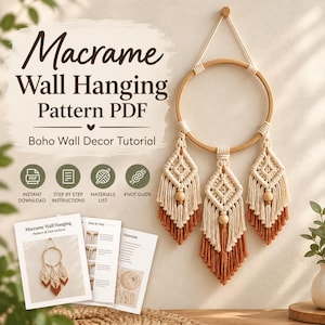 May include: A macrame wall hanging pattern PDF featuring a circular wooden hoop with three cream and rust-coloured knotted fibre pendants. The document includes step-by-step instructions, a materials list, and a knot guide for this wall decor.