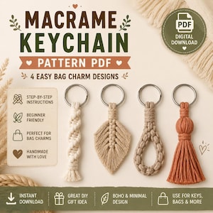 Macrame Keychain Pattern PDF, 4 Easy Bag Charm Designs (Digital Download)