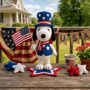 Patriotiskt Beagle-virkmönster – Snoopy med hög hatt, flagga (PDF-nedladdning)