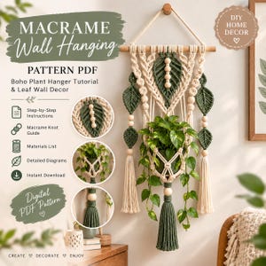 Boho Macrame Wall Hanging Pattern, Leafy Plant Hanger (PDF Download)