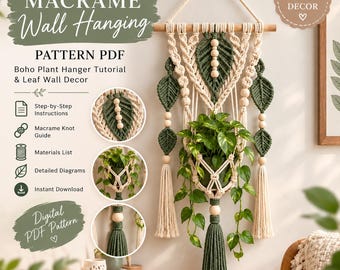 Patrón de macramé bohemio para colgar en la pared, colgador de plantas con hojas (descarga en PDF)