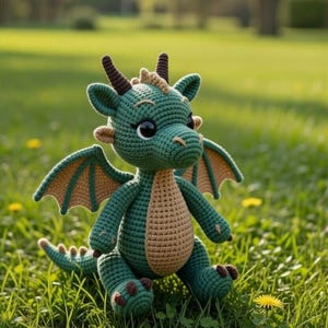 May include: A handcrafted green and beige crochet dragon toy with large black eyes, small horns, and wings. The dragon is positioned in a grassy field with dandelions. The dragon's body is green, with beige accents on its belly and wings.