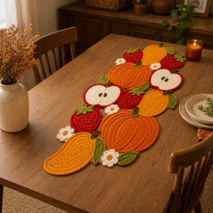 May include: A handmade crochet table runner featuring a colorful arrangement of orange pumpkins, red strawberries, yellow pears, white apple slices, and small white flowers with yellow centers, all connected in a long, decorative seasonal pattern.
