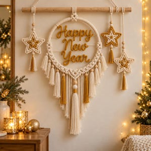 Macramé wanddecoratie 'Gelukkig Nieuwjaar', boho sterrenversiering (PDF-patroon)