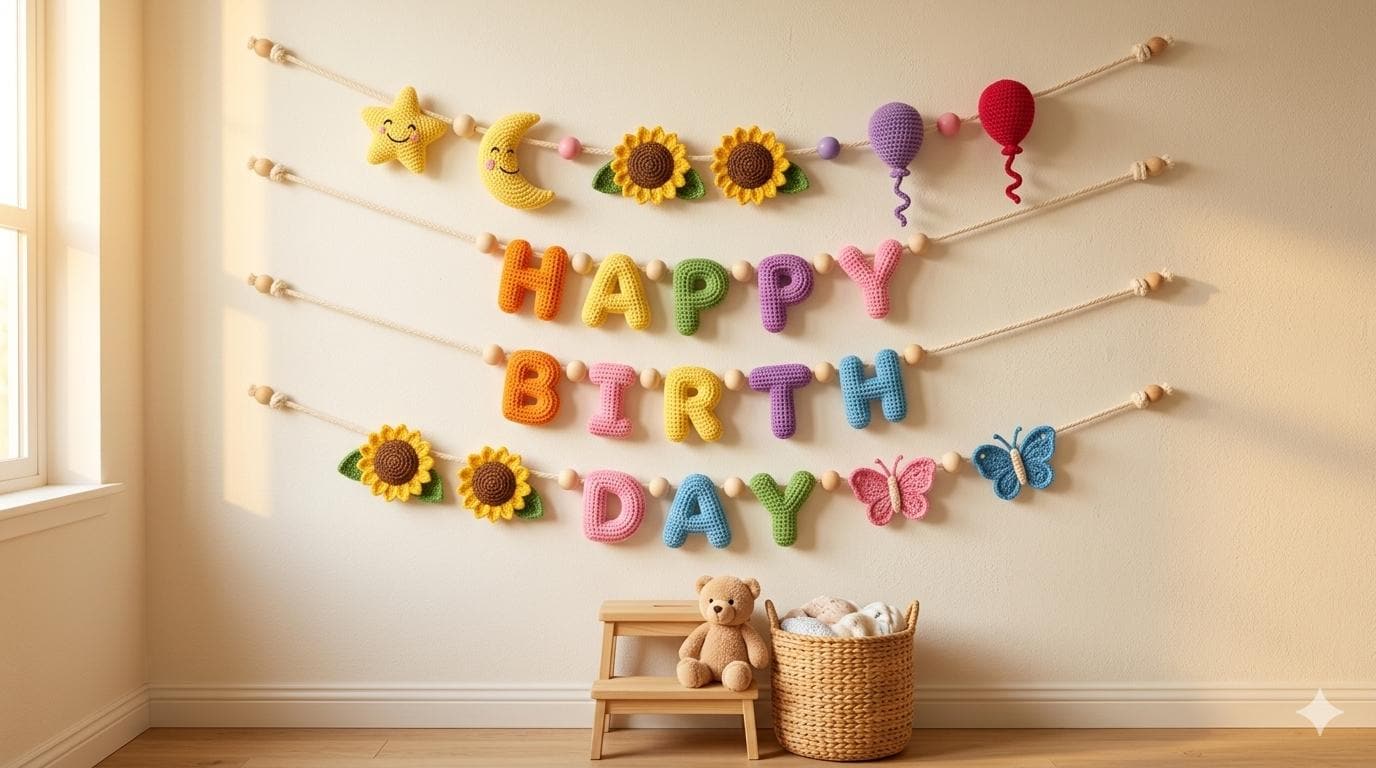 36 Crochet Birthday Gifts with Angels, Gnomes, Bouquets, and Keychains 30 Crochet Happy Birthday Garland
