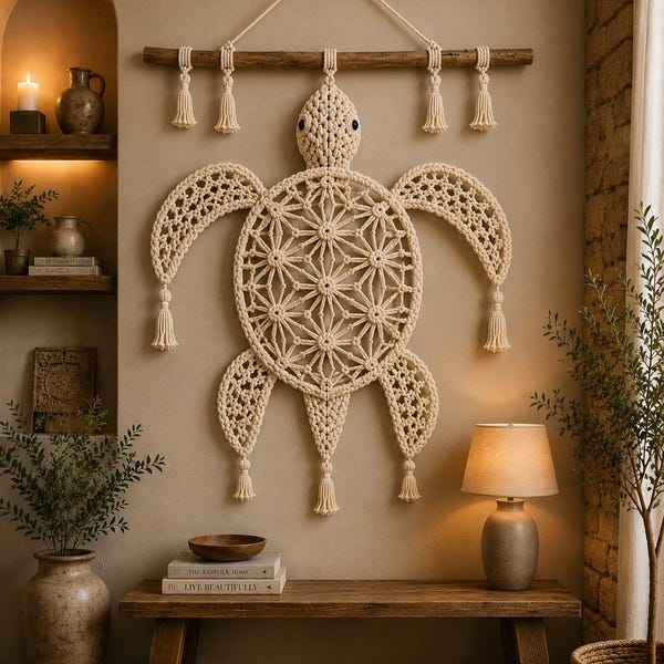 Macrame Sea Turtle Wall Hanging | Handwoven Cotton Fiber Art Tapestry, Boho Coastal Decor