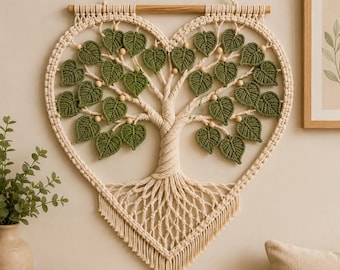 Patrón de macramé para colgar en la pared: Árbol de la Vida, decoración de hojas en forma de corazón (descarga en PDF)