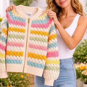Granny Stitch Crochet Bomber Cardigan Pattern | Colorful Striped Jacket (PDF Guide)
