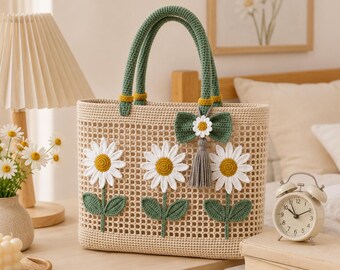 Patrón de bolso tote de margaritas a crochet, bolso de hombro floral en PDF, bolso de verano ideal para principiantes.