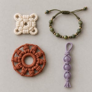 Handmade Boho Accessory Set, Macrame Wall Art Piece, Beaded Bracelet, Terracotta Coaster, Purple Crystal Car Charm, Aesthetic Gift Bundle