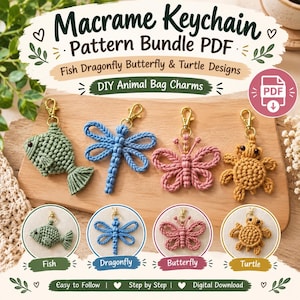 Macrame Keychain Pattern Bundle PDF, Fish Dragonfly Butterfly & Turtle Designs, DIY Animal Bag Charms