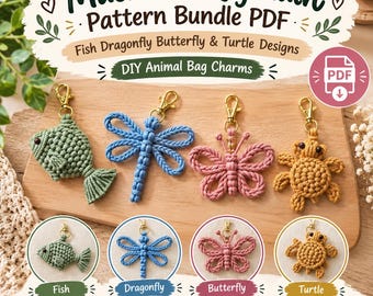Paquete de patrones de llaveros de macramé en PDF, diseños de peces, libélulas, mariposas y tortugas, colgantes de animales para bolsos hechos a mano.