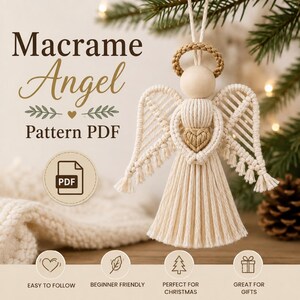 May include: A macrame angel ornament featuring off-white cord, a smooth wooden bead head, a braided tan halo, and a small tan heart at the center. The text reads Macrame Angel Pattern PDF, Easy to Follow, Beginner Friendly, Perfect for Christmas, Great for Gifts.