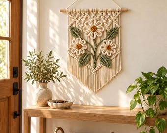 Patrón para tapiz de pared de macramé con margaritas, decoración floral bohemia (PDF)