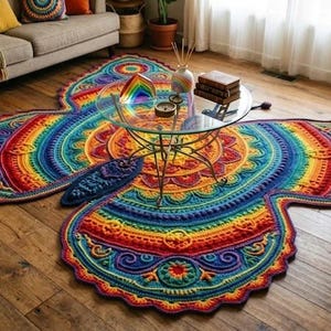 May include: A large, colorful, butterfly-shaped rug with a rainbow design. The rug is made of yarn and features intricate patterns in shades of red, orange, yellow, green, blue, and purple. The rug is placed on a hardwood floor.