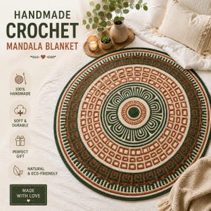 May include: A round crochet mandala blanket featuring concentric rings in dark green, cream, and terracotta orange. The design includes geometric patterns and a central circular motif. Text on the image reads: HANDMADE CROCHET MANDALA BLANKET.