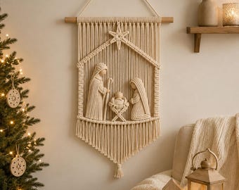 Patrón de macramé para colgar en la pared con motivo del Nacimiento, decoración navideña minimalista (patrón en PDF)