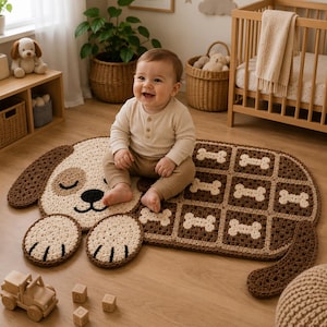Haakpatroon voor een hondenkleedje met patchworkprint, een vierkant kleedje met een slapende puppy en oma-motief (PDF-download)