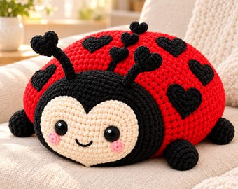 Patrón de ganchillo de mariquita con manchas en forma de corazón, almohada amigurumi, regalo de San Valentín hecho a mano (PDF)