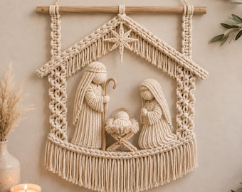Patrón para tapiz de pared de la Natividad de macramé (PDF), tutorial de decoración navideña bohemia