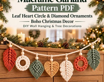 Guirnalda de macramé estilo bohemio con diseño de hojas, corazones, círculos y adornos de diamantes (PDF)