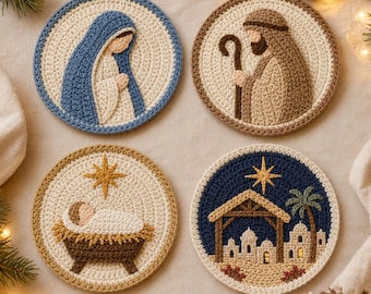 Pacchetto di modelli per sottobicchieri a tema Natività all'uncinetto: 4 modelli di decorazioni natalizie, in formato PDF digitale.