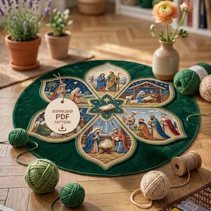 Puede incluir: Una alfombra redonda verde con un detallado bordado del nacimiento de Jesús. La alfombra presenta un diseño de estrella central y está rodeada de imágenes de la Natividad. Ovillos de hilo verde y una bobina de hilo.