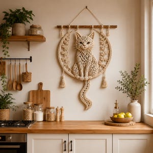 Op de afbeelding: Een crèmekleurige macramé wandhanger met een centrale kattenfiguur zittend in een cirkelvormig frame. Het ontwerp bevat ingewikkelde knooppatronen, bladachtige accenten aan de zijkanten en een lange, gebogen staart die naar beneden hangt met kwastjes.
