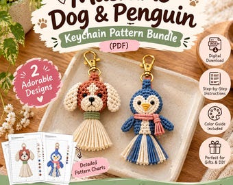 Paquete de patrones de llaveros de perro y pingüino de macramé (PDF)