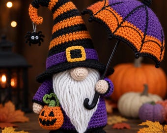 Wzór na szydełkowego krasnala w formacie PDF, lalka czarownica amigurumi, dekoracja na Halloween (do pobrania natychmiast)