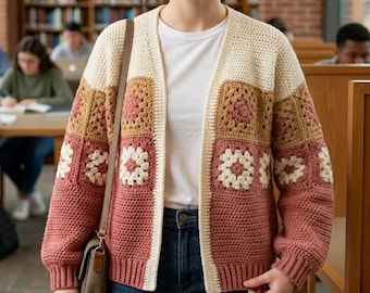 Patrón de cárdigan de crochet con cuadrados de abuela / Cárdigan hecho a mano (Guía en PDF)