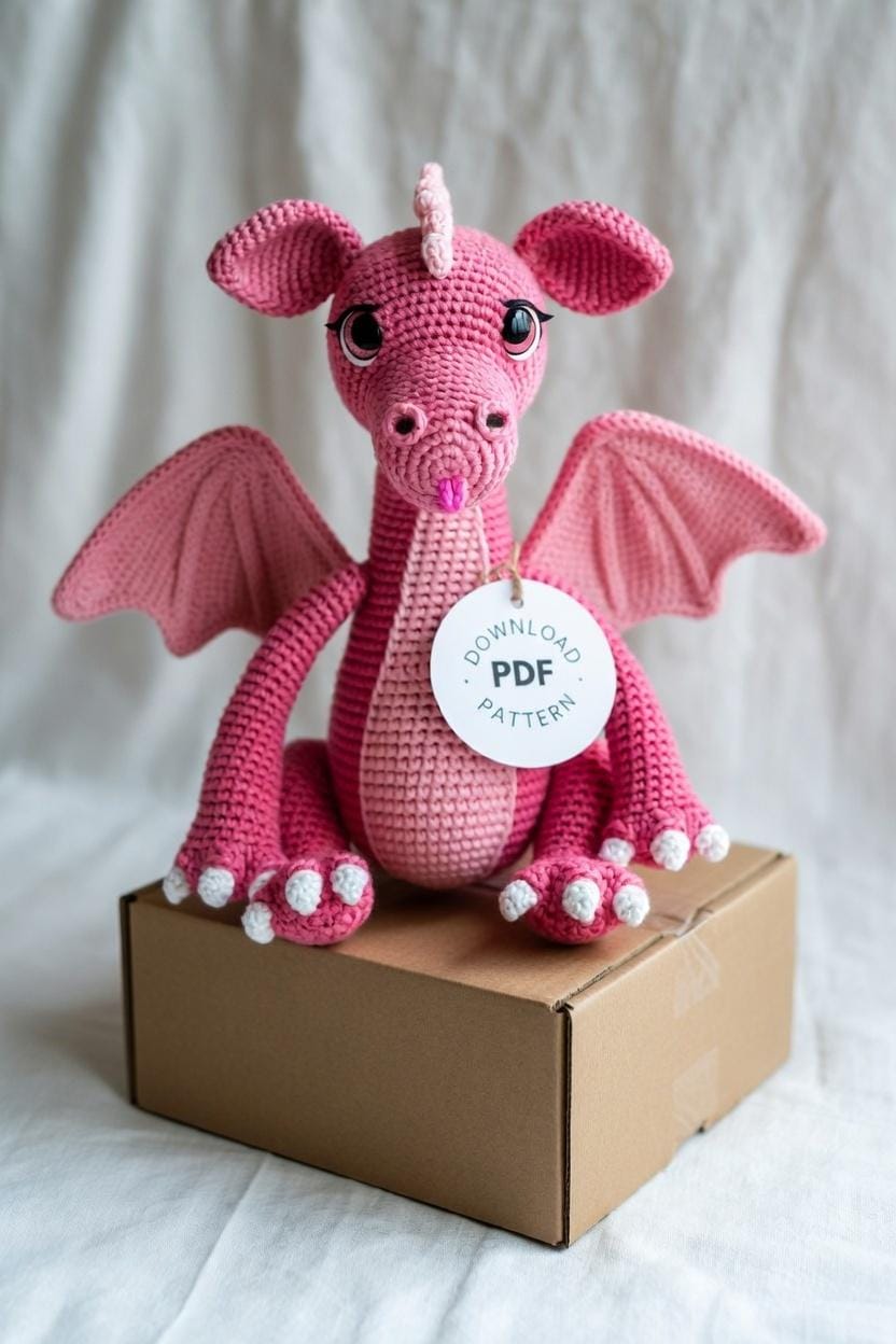 ピンクのかぎ針編みドラゴンのあみぐるみパターン｜ステップバイ