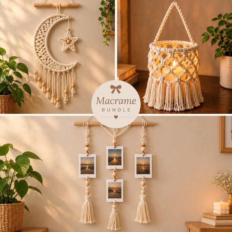 Op de afbeelding: Een macram&eacute;-set bestaande uit een wandhanger in de vorm van een halve maan en ster met houten kralen, een cilindrische lantaarnhouder met gevlochten handvat en een wand-fotodisplay met drie kaders, gemaakt van off-white katoenen koord.