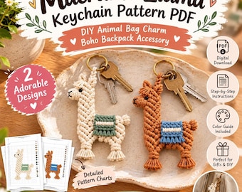 Patrón PDF para llavero de llama de macramé, colgante de animal para bolso DIY, accesorio para mochila estilo boho