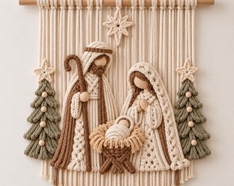 Patrón PDF para tapiz de pared de la Natividad en macramé, decoración navideña de la Sagrada Familia, tutorial de macramé de María, José y el Niño Jesús, patrón navideño bohemio.