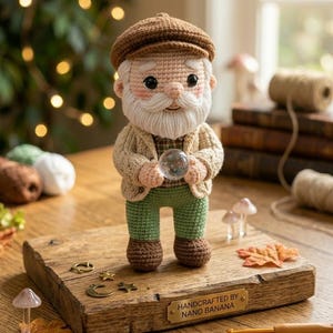 May include: A handcrafted crochet figure of an elderly man wearing a brown cap, beige sweater, green pants, and brown shoes. He holds a clear sphere. The figure stands on a wooden base with a brass plate that reads "HANDCRAFTED BY NANO BANANA."