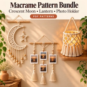 May include: A Macrame Pattern Bundle PDF featuring three designs: a crescent moon wall hanging with a star, a vertical photo holder with three square frames, and a woven lantern with a handle. The text reads Macrame Pattern Bundle.