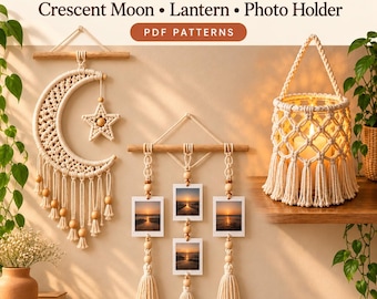 Paquete de patrones de macramé: Tapiz de pared en forma de media luna, farol, portafotos (PDF)