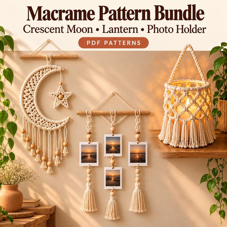 Op de afbeelding: Een Macrame Pattern Bundle PDF met drie ontwerpen: een wandhanger in de vorm van een halve maan met een ster, een verticale fotohouder met drie vierkante kaders en een gevlochten lantaarn met handvat. Tekst: Macrame Pattern Bundle.